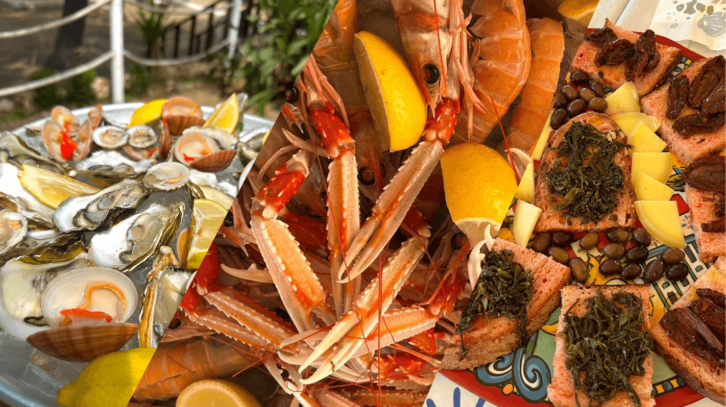 Crudità, scampi e antipasti — collage Capojale Beach Park
